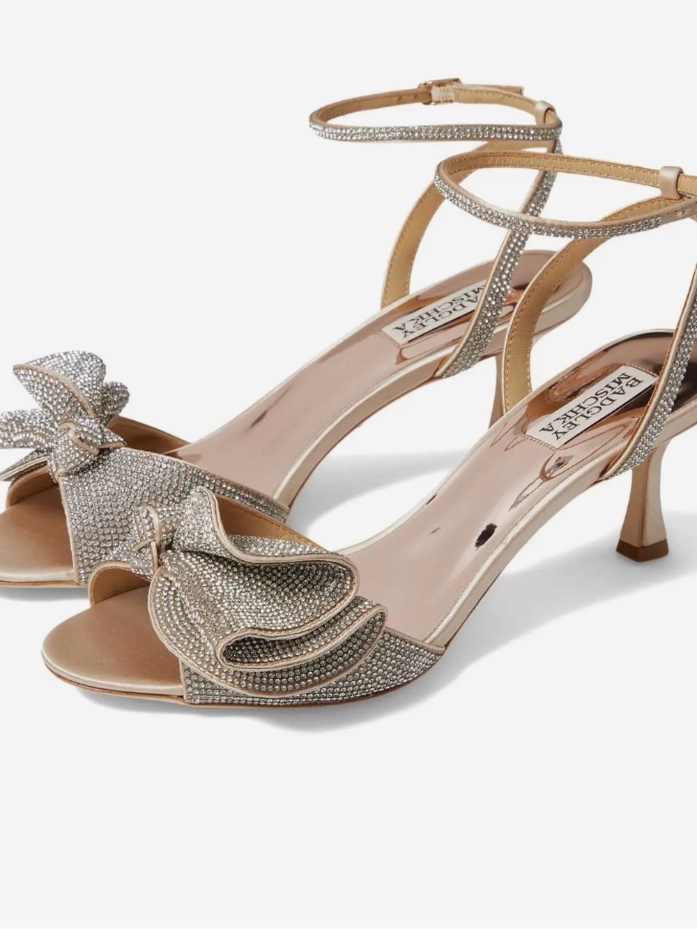 Badgley Mischka Gold Crystal Bow Ankle-Strap Heels